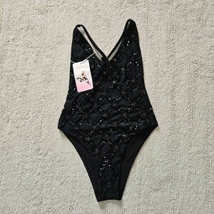 Oceanus Black Jeweled One-Piece Swimsuit Size Small